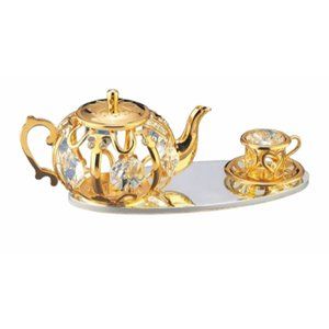Gold Plated Tea Set On Mirror Base Table Top Display with Swarovski® Crystals Vi